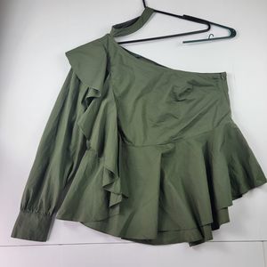 Lane Bryant womens sz 18 olive green one shoulder long sleeve ruffle peplum top